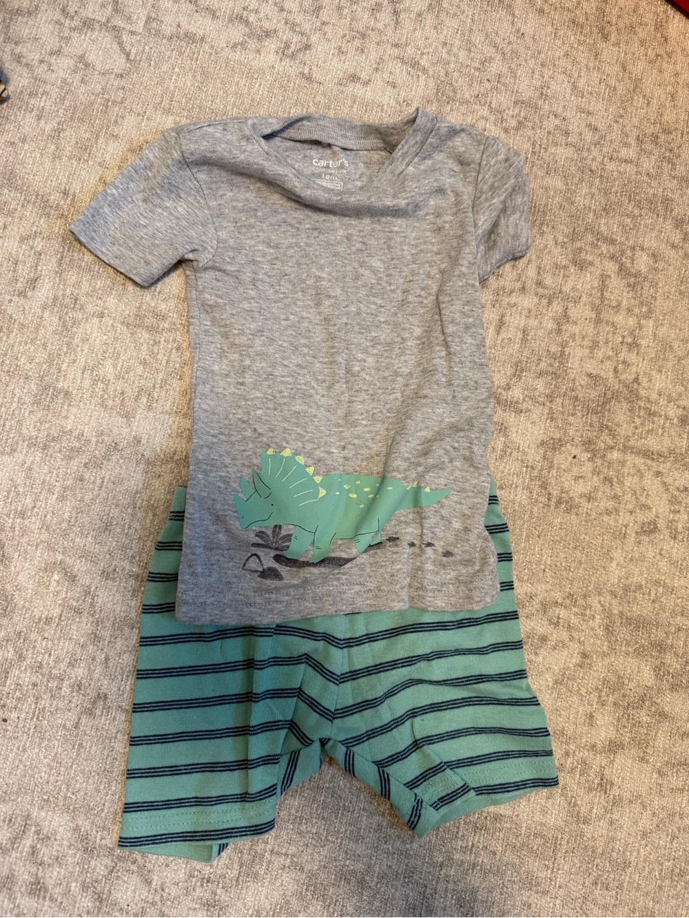 Carter's Gray Tee with Green Dino & Teal Striped Shorts